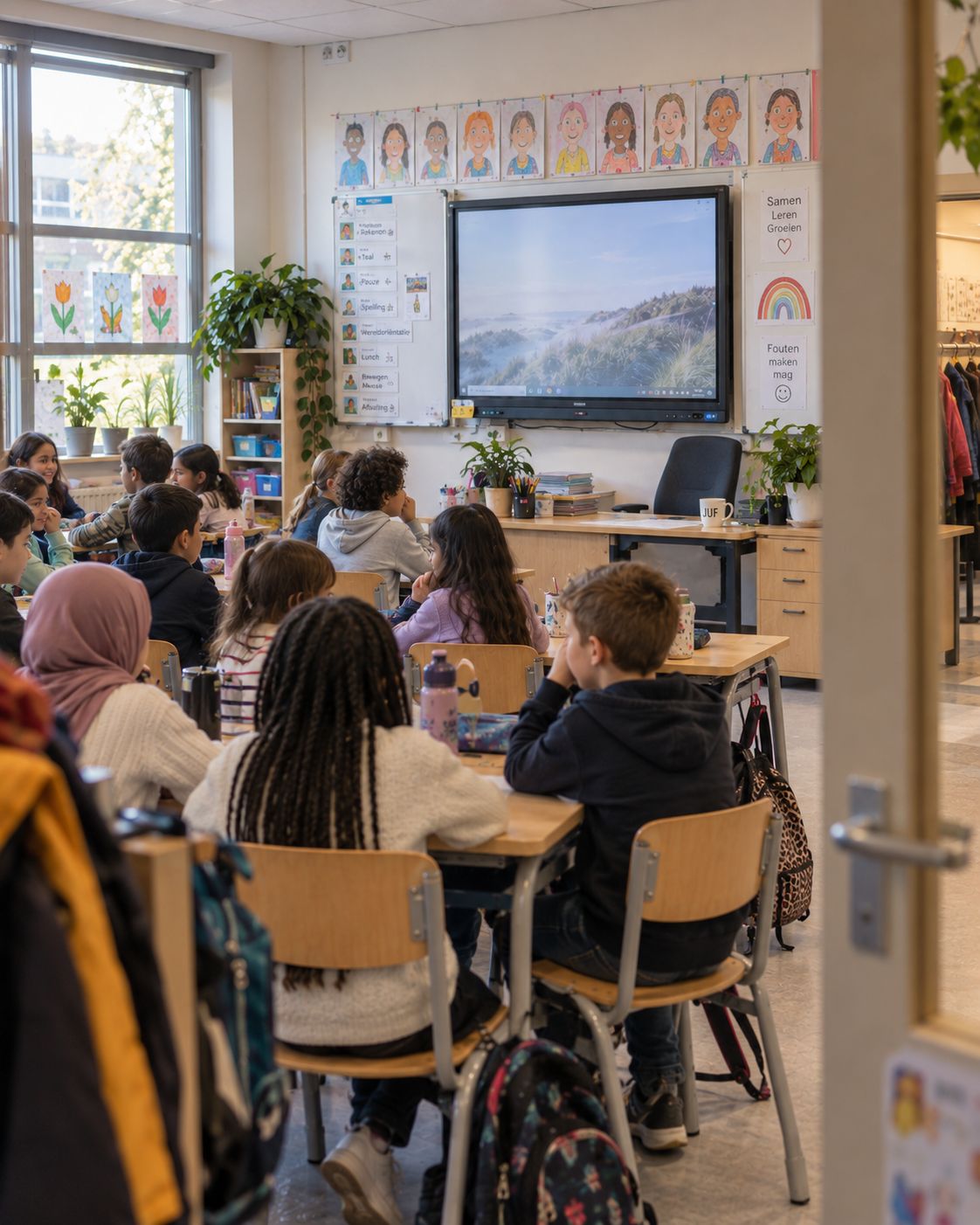 Kinderen zitten in de klas; de stoel achter het leerkrachtbureau is leeg