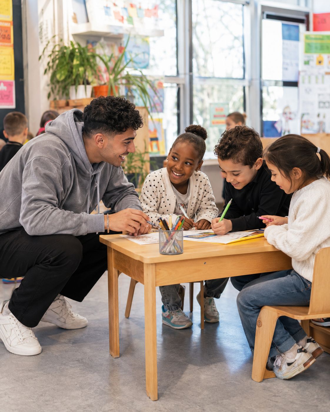 Illustratief beeld van een onderwijsprofessional die kinderen helpt bij hun werk