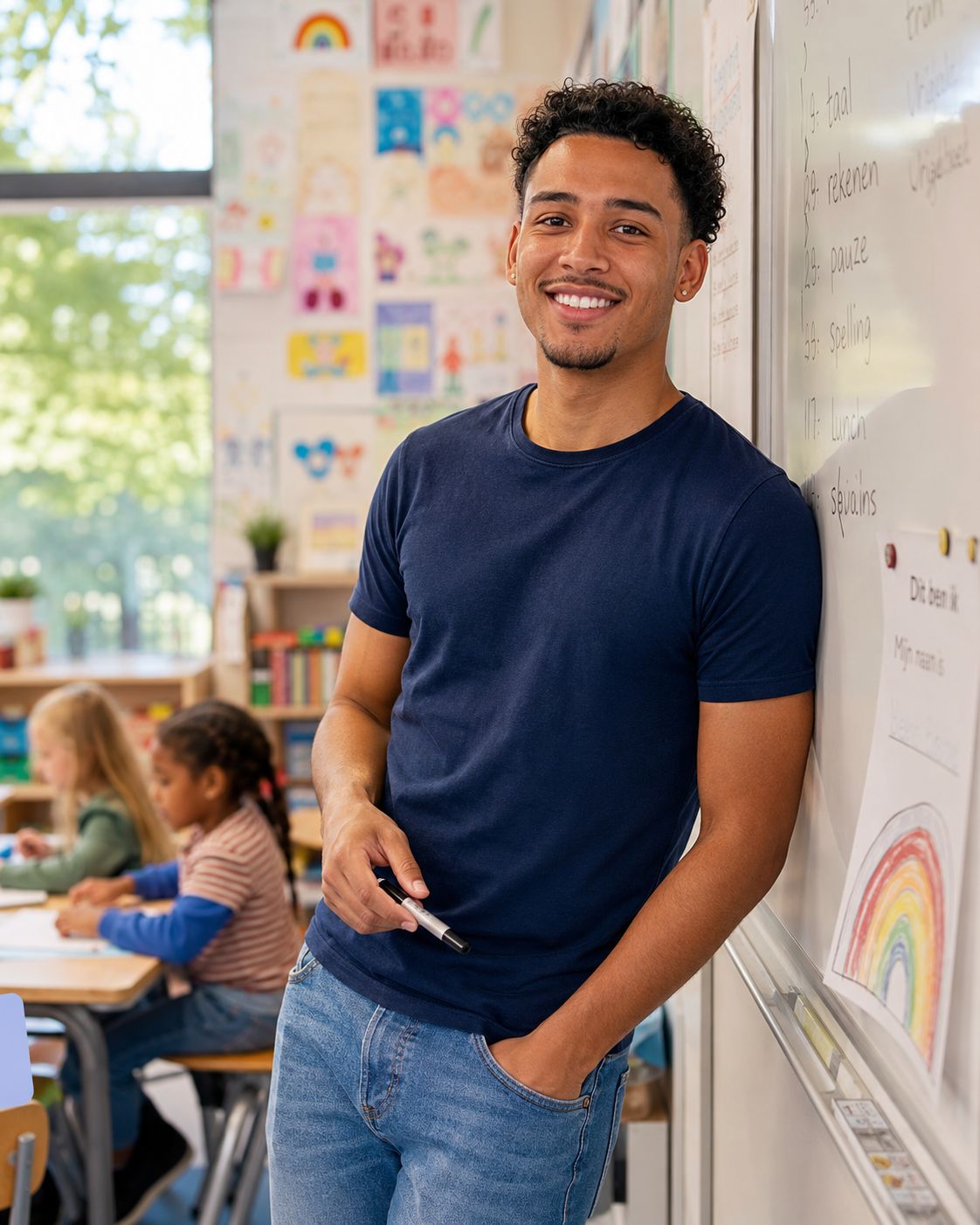 AI-sfeerbeeld van een jonge onderwijsprofessional in een klas
